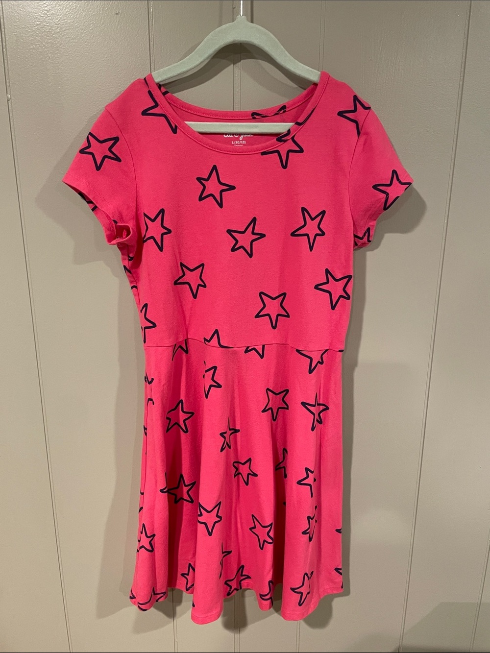 Cat & Jack Pink Star Print Short Sleeve Skater Dress Girls Large (10/12)